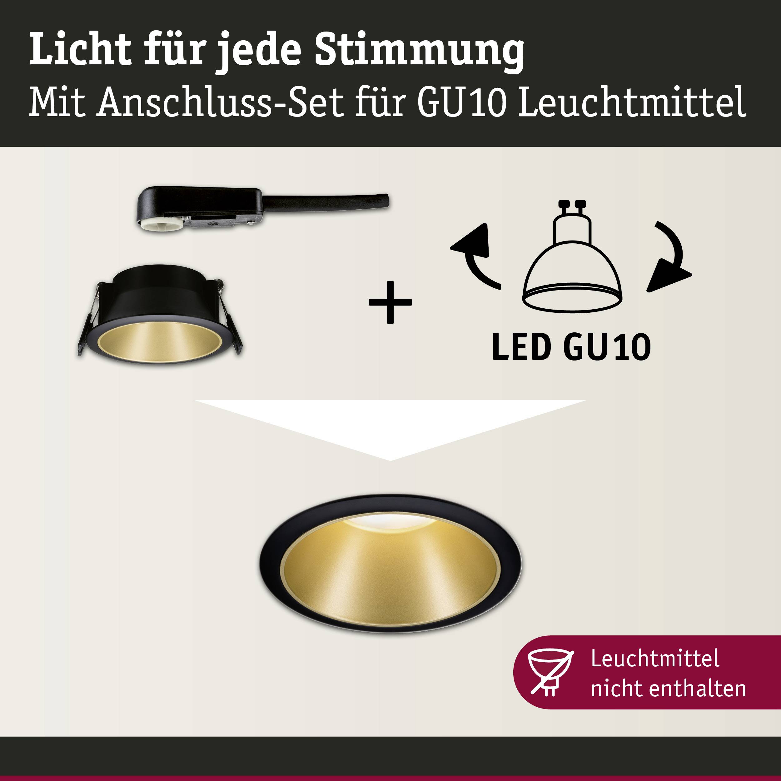 Un telaio da incasso nero per lampadine LED GU10 è mostrato. Testo: 'Luce per ogni umore', 'Lampadina non inclusa'.