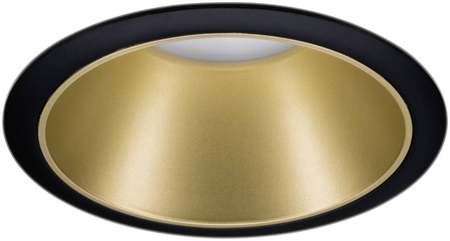 Un lampadario con un riflettore interno conico dorato e un bordo esterno nero.