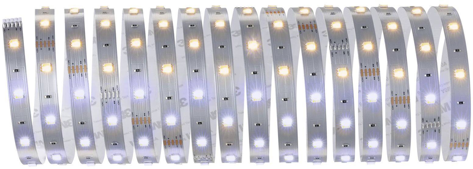 Strisce LED con luci alternate bianco caldo e bianco freddo, disposte in un pattern, su un sottofondo riflettente.