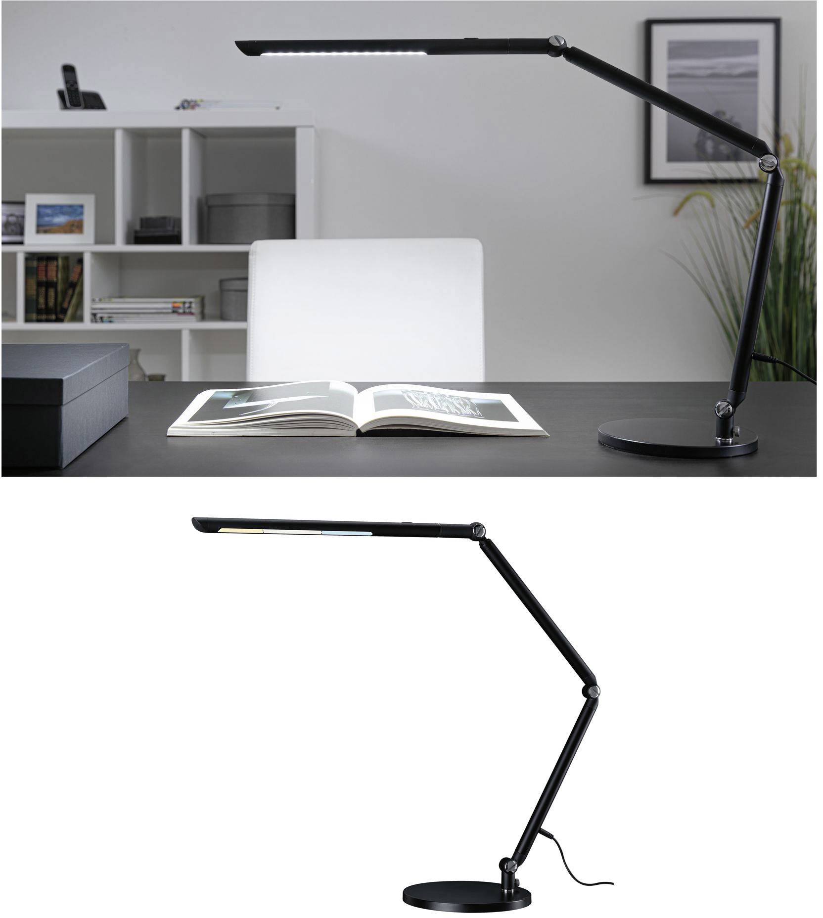 Una scrivania con una moderna lampada LED. Sullo sfondo si vedono scaffali dei libri. Una lampada è posizionata in primo piano per l'illustrazione.