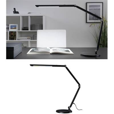 Una scrivania con una moderna lampada LED. Sullo sfondo si vedono scaffali dei libri. Una lampada è posizionata in primo piano per l'illustrazione.
