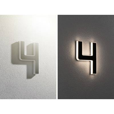 Due applique a forma di numero 4, una bianca illuminata a sinistra, l'altra nera illuminata a destra, con illuminazione posteriore.