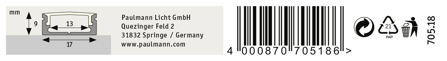Etichetta con codice a barre, nome dell'azienda 'Paulmann Licht GmbH', indirizzo in Germania, dimensioni del prodotto (13 mm x 17 mm) e simboli di riciclaggio.