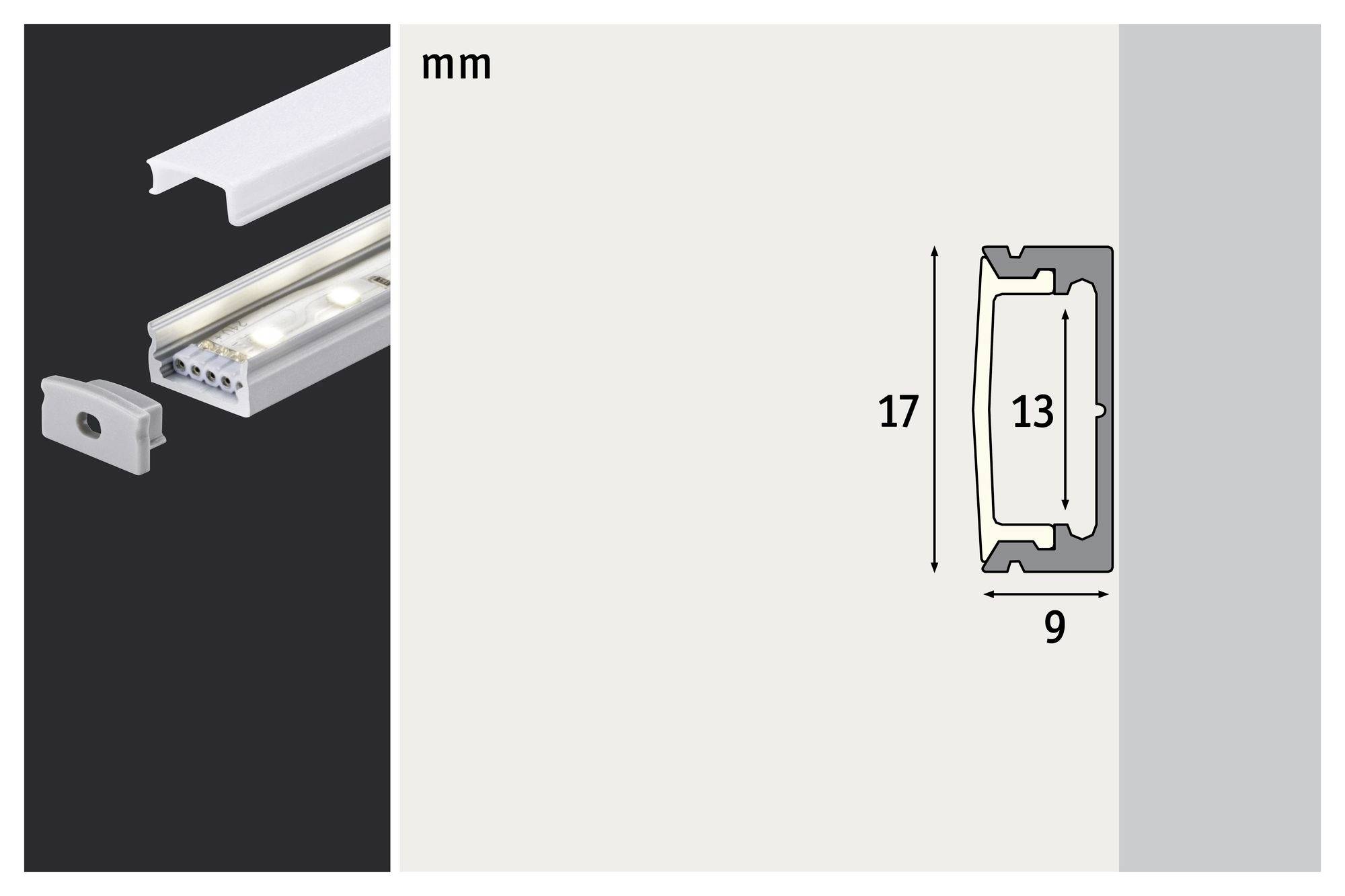 Sezione trasversale di un profilo rettangolare in alluminio con dimensioni: altezza 17 mm, larghezza 13 mm. Vista dettagliata del profilo e tappo terminale a sinistra.