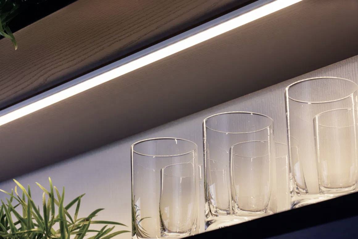 Scaffale illuminato da una striscia LED con sei bicchieri vuoti in posizione verticale. In basso a sinistra sono visibili alcune foglie verdi.