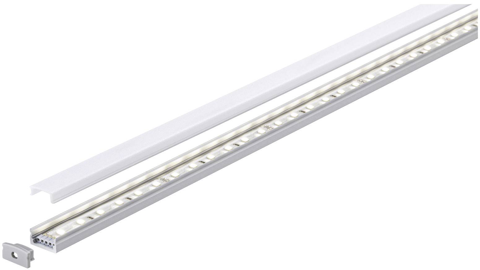 Una striscia LED bianca con copertura. Adatta per l'illuminazione di interni, mostra una disposizione lineare di LED.