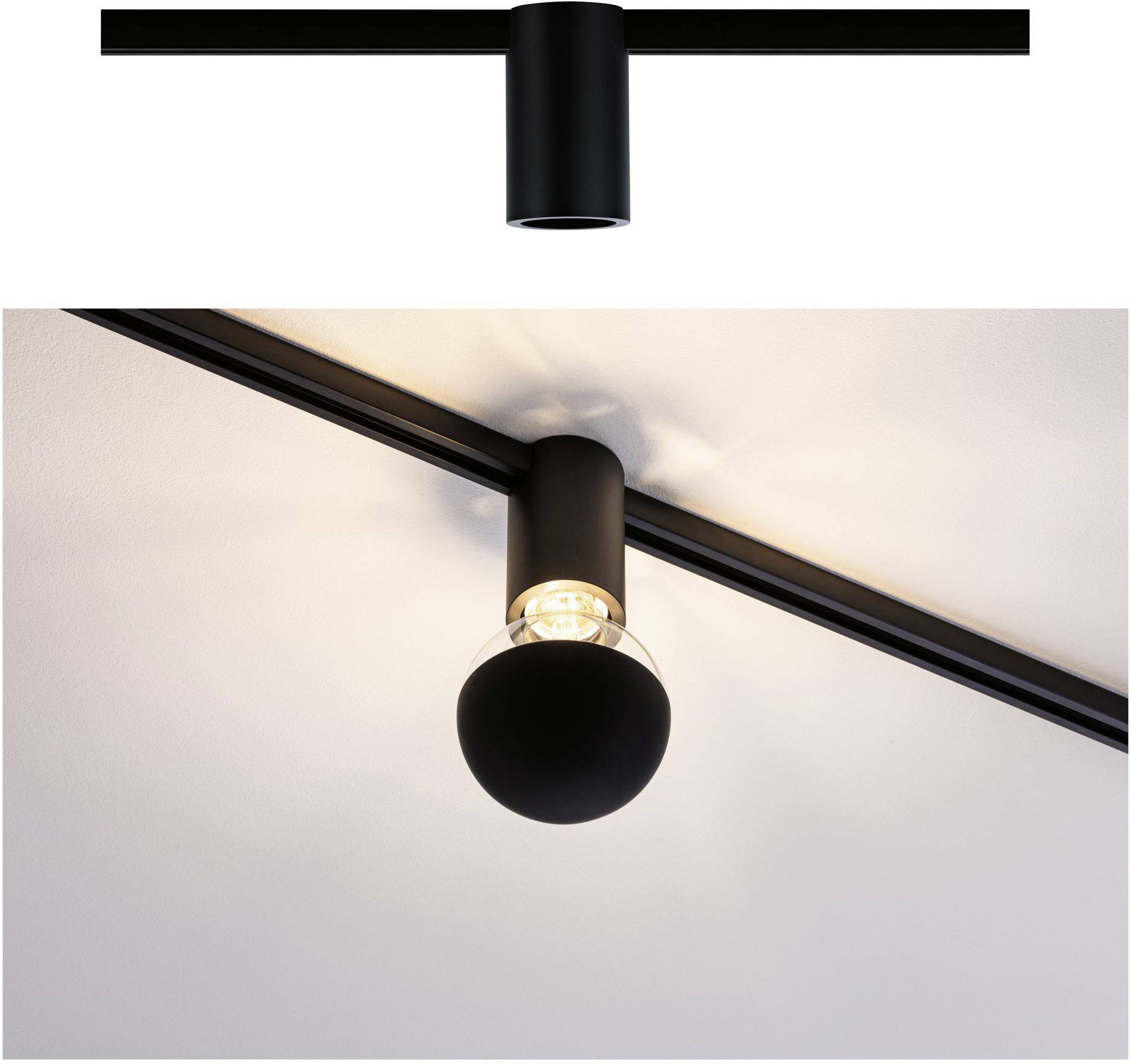 'Lampada da soffitto nera con design moderno, dotata di una testa tonda che contiene una lampadina trasparente, fissata a una guida.'