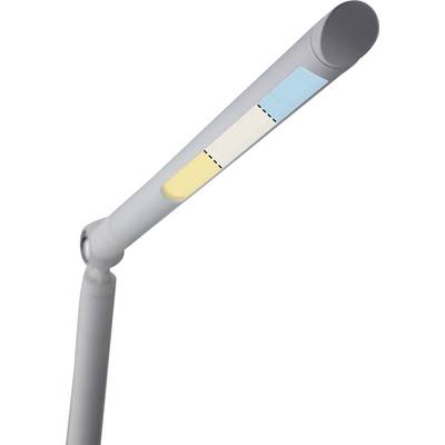 Una moderna lampada da tavolo regolabile con segni colorati che rappresentano diverse modalità di illuminazione.
