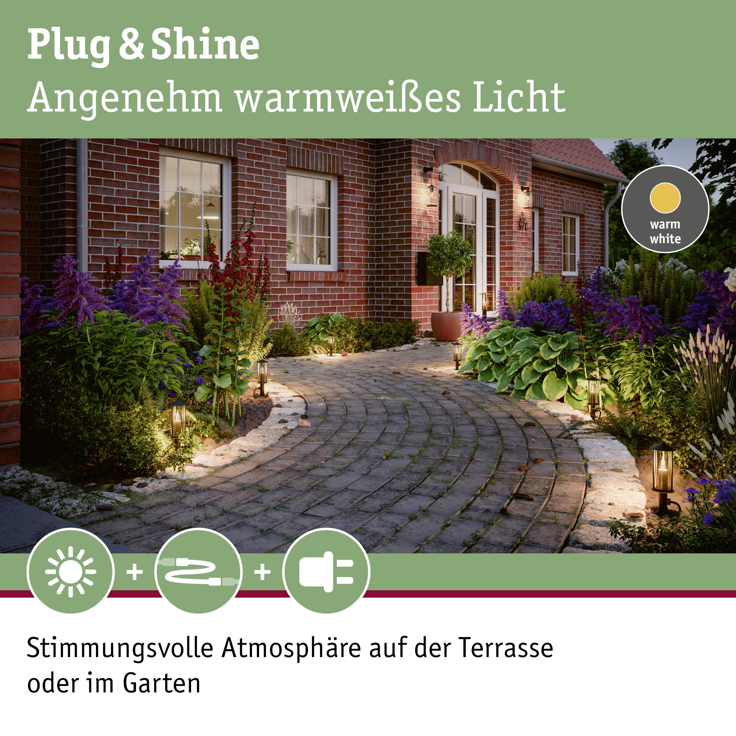 Plug & Shine: Un'illuminazione con luce bianca calda crea un'atmosfera suggestiva in giardino o sul terrazzo.
