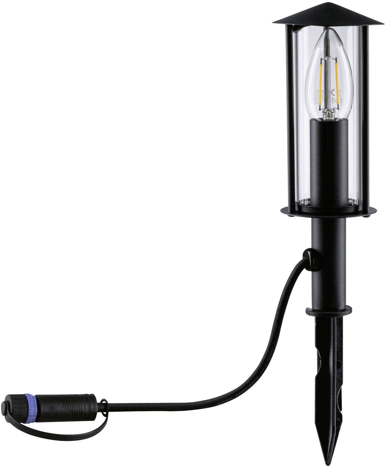 Lampada da esterno con picchetto da terra e paralume trasparente, adatta per giardini e sentieri.