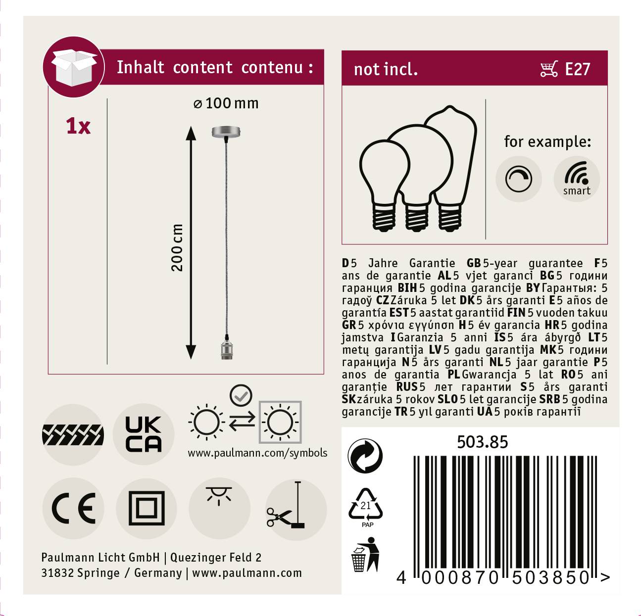 'Lampada a sospensione, attacco E27, non incluso 1x punto luce, Ø 100 mm, lunghezza 200 cm, garanzia 5 anni. Simboli: UKCA, CE, isolamento doppio.'