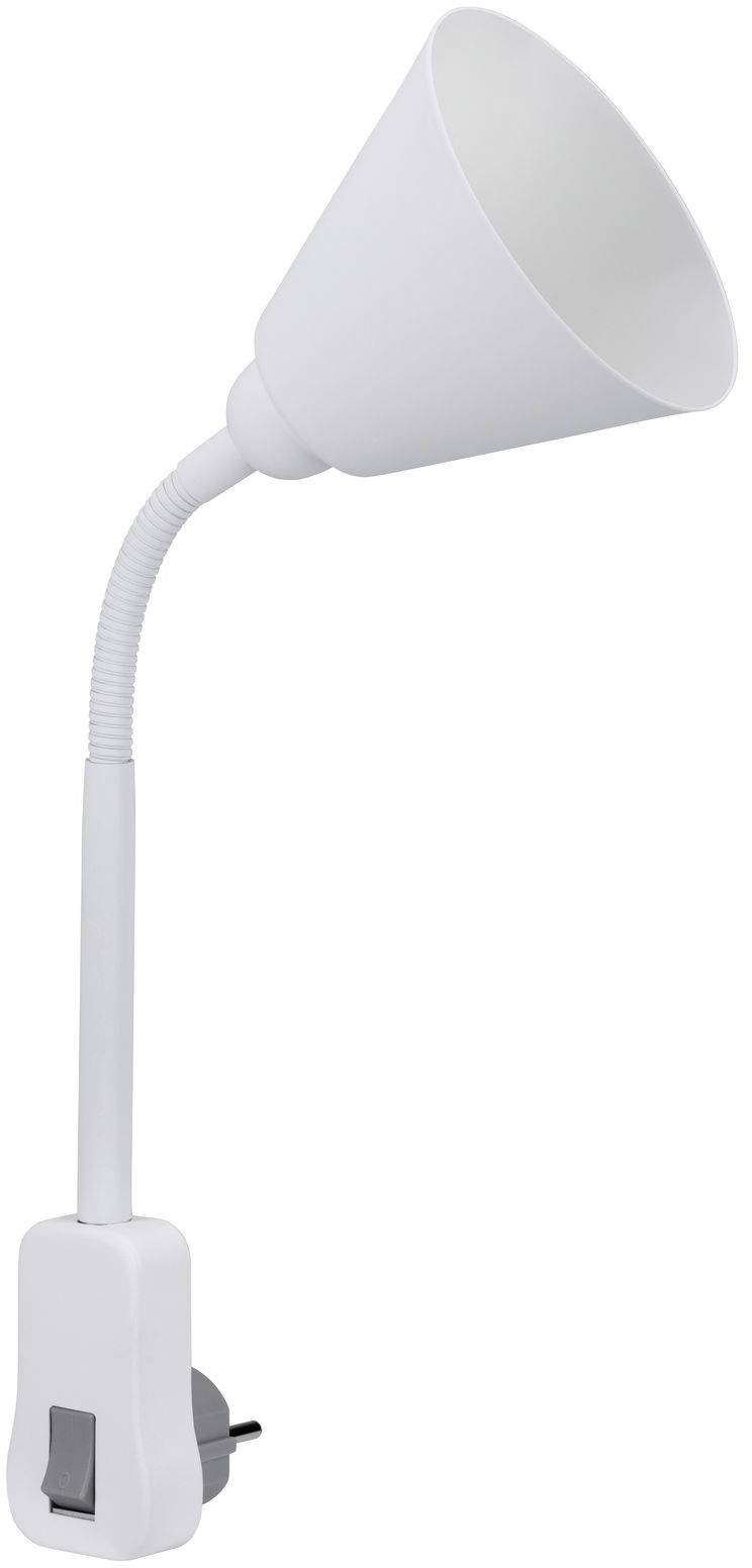 Lampada da lettura bianca, moderna, con collo flessibile e collegamento alla presa elettrica. Adatta per un'illuminazione che risparmia spazio accanto a letti o scrivanie.