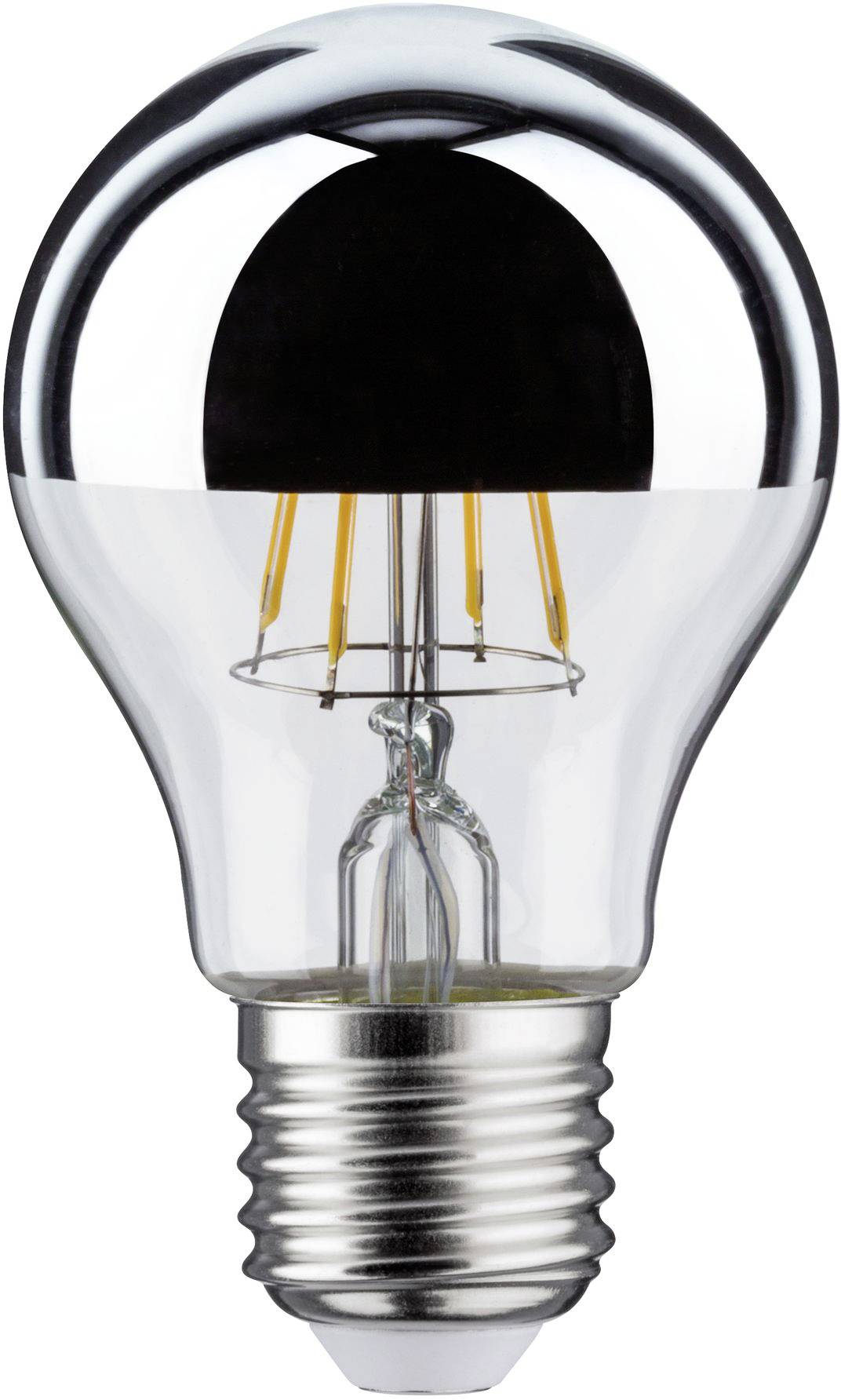 Lampadina con vetro trasparente, filamento a incandescenza visibile e base argentata.