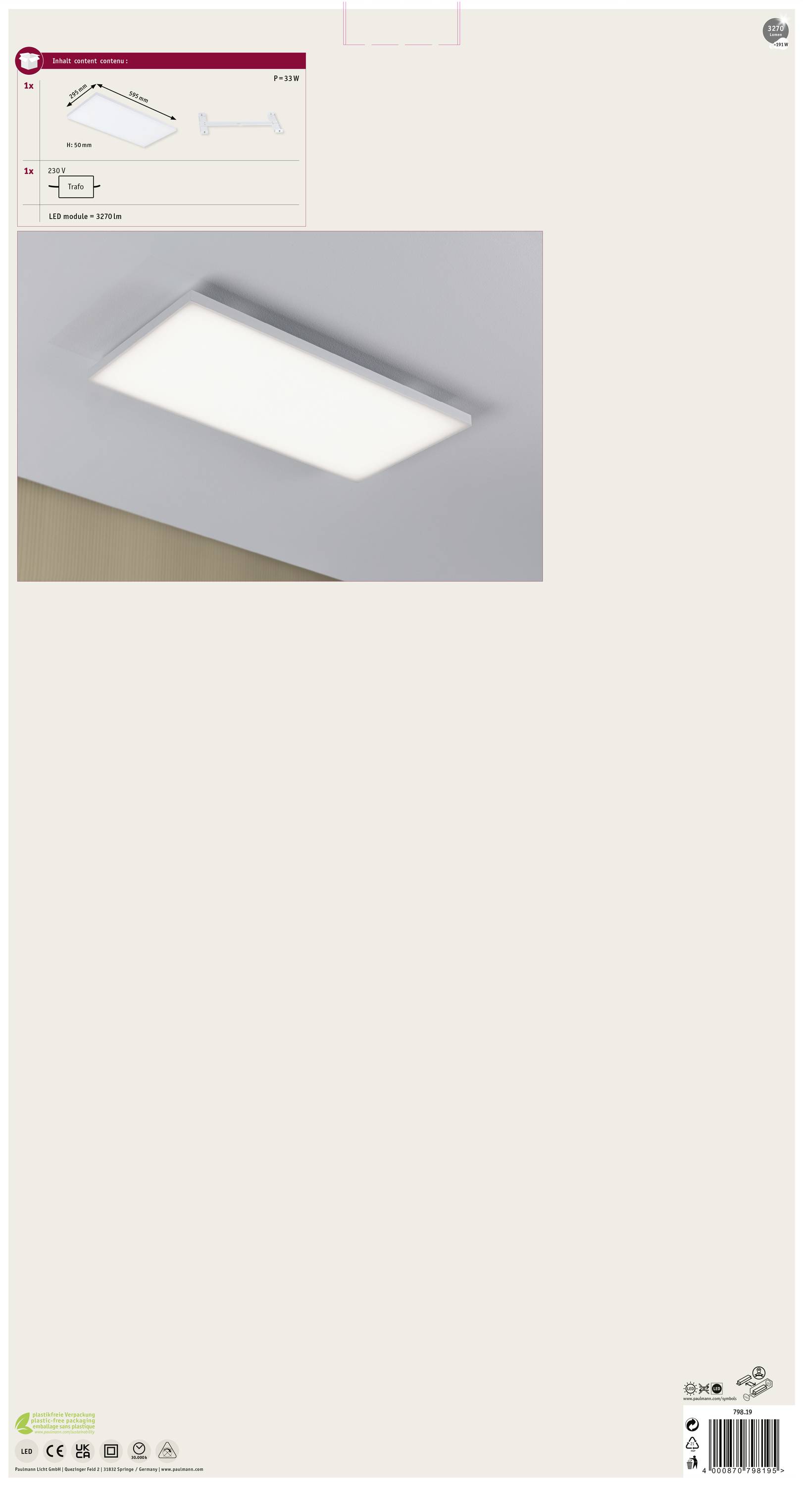 Lampada da soffitto con design rettangolare e minimal installata in un ambiente; la luce si diffonde in modo uniforme. Ideale per interni moderni.