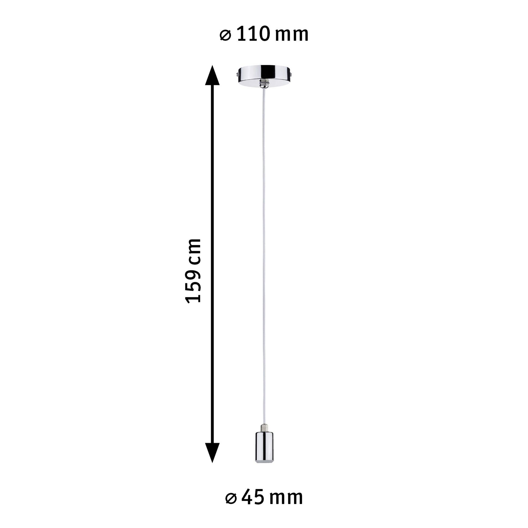 'Moderna lampada a sospensione con una lunghezza totale di 159 cm, fissaggio a soffitto con diametro di 110 mm, attacco lampadina con diametro di 45 mm.'