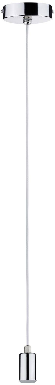 Una lampada a sospensione minimalista, argentata, con cavo bianco, adatta ad arredamenti moderni.