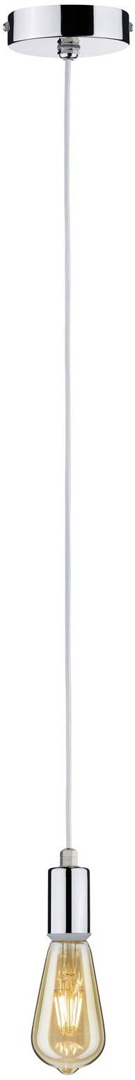 Una lampada a sospensione minimalista con un design a lampadina chiara, appesa a un supporto argentato, ideale per interni eleganti.