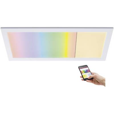 Una plafoniera LED rettangolare con sfumatura dal blu al giallo. Una mano tiene uno smartphone che mostra il controllo del colore.