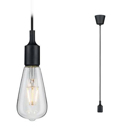 Una lampadina appesa con attacco nero, illuminata, fissata a un lungo cavo.