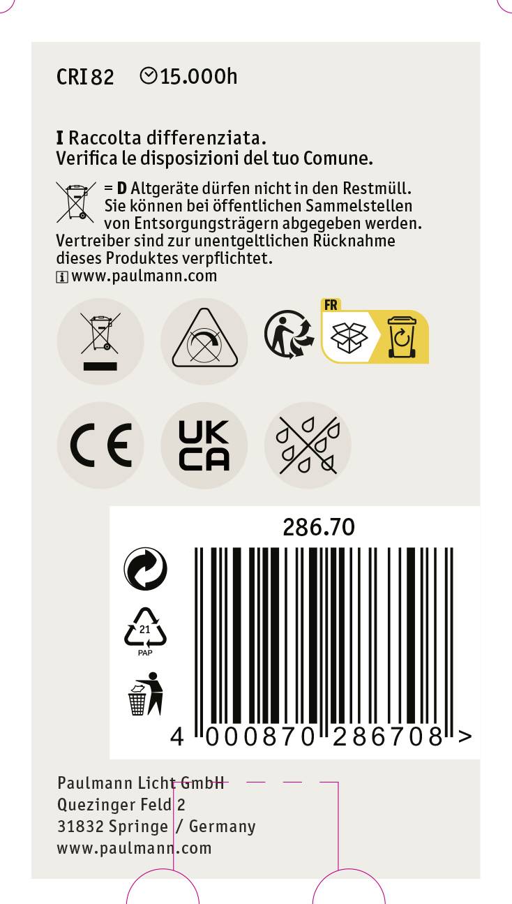 Etichetta con simboli di risparmio energetico, produttore Paulmann Licht GmbH, istruzioni per il riciclaggio e codice a barre. Contiene informazioni di contatto.