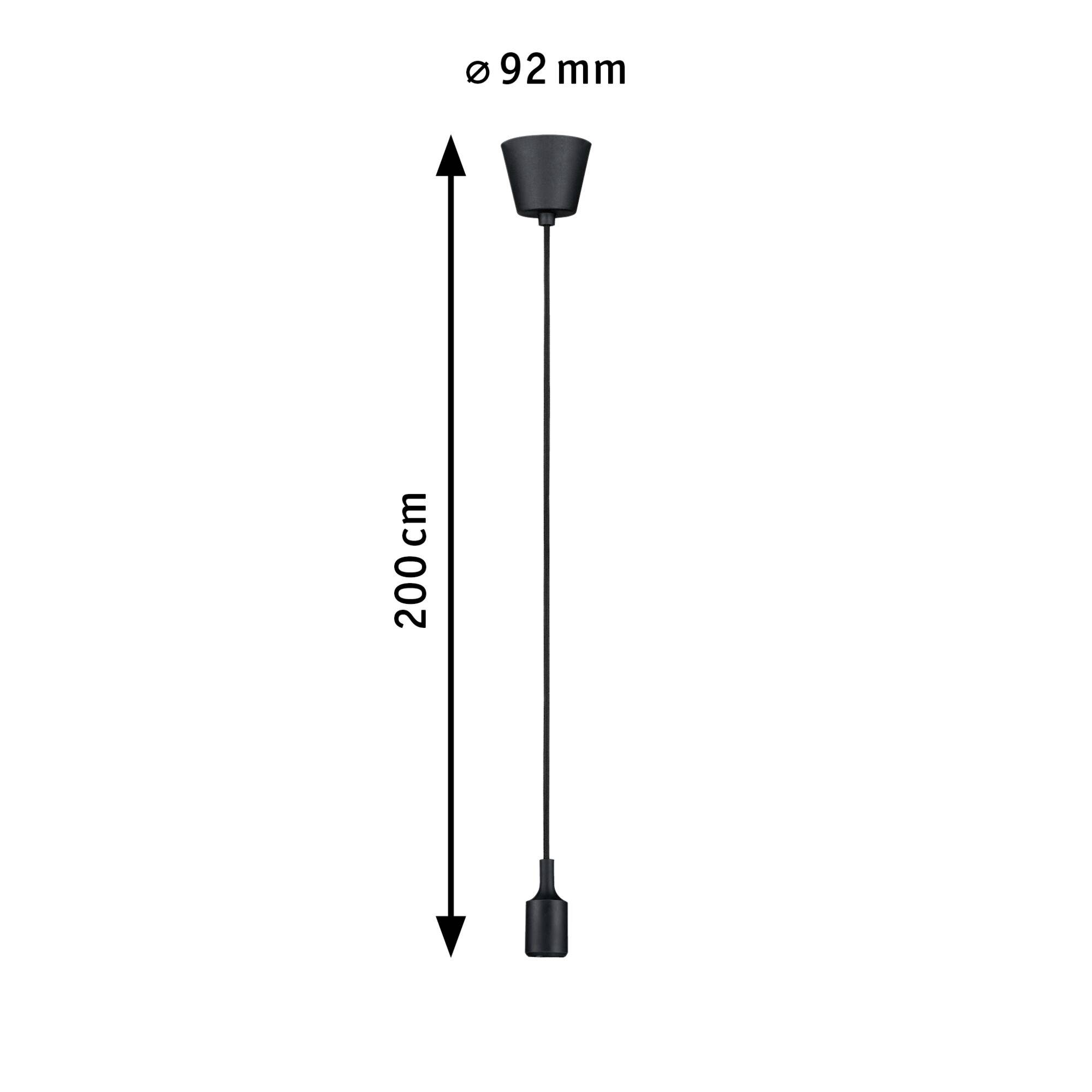 Lampada a sospensione con cavo nero, altezza 200 cm, fissaggio a soffitto Ø 92 mm.