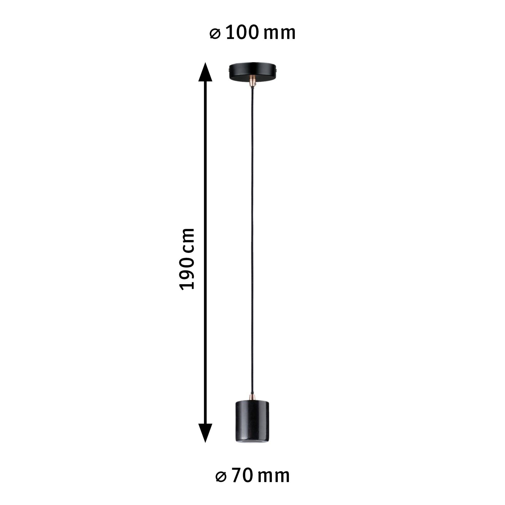 Lampada a sospensione nera, lunga 190 cm con paralume dal diametro di 70 mm, fissaggio a soffitto del diametro di 100 mm.