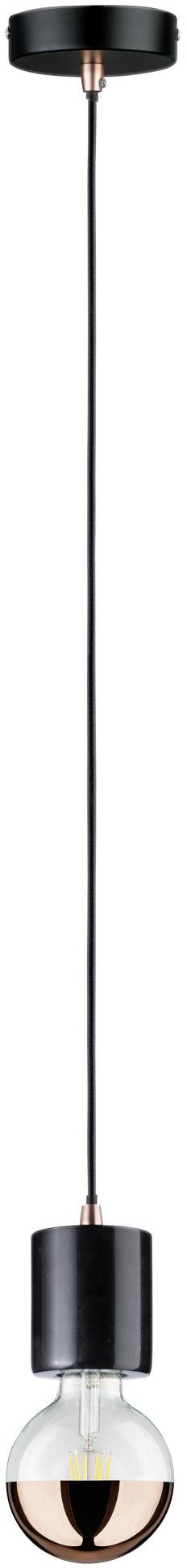 Una lampada moderna sospesa con cavo nero e un design minimalista del paralume in nero e rame.