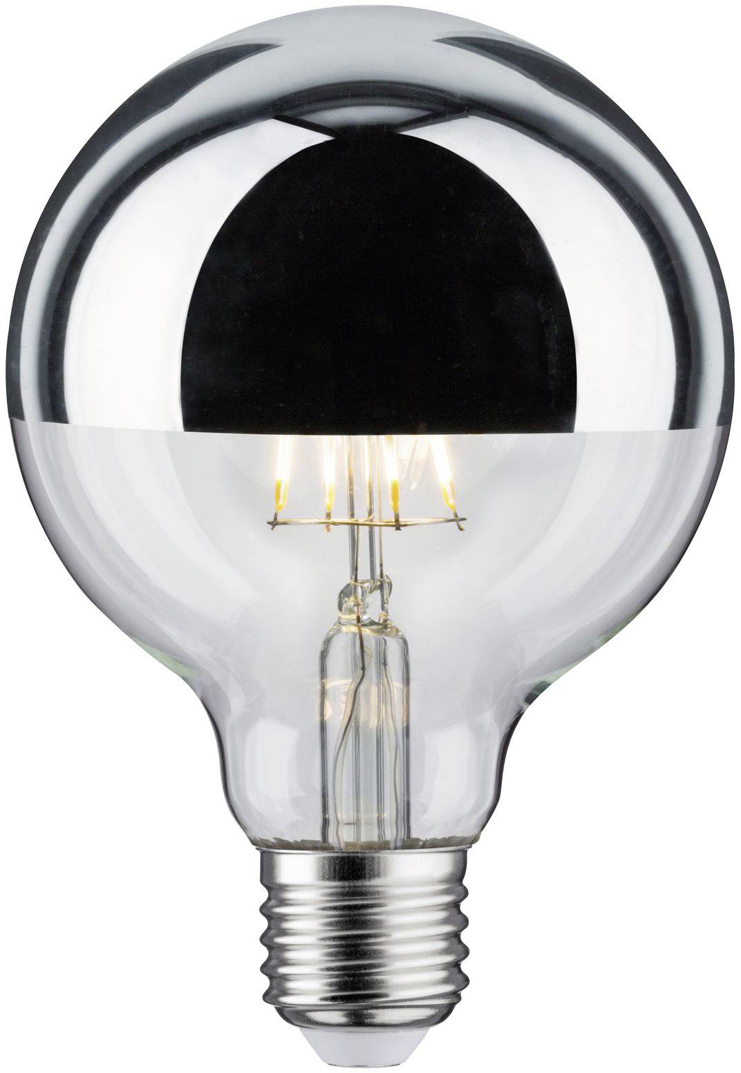 Lampadina a incandescenza trasparente con parte superiore a specchio, accesa e con i filamenti visibili.