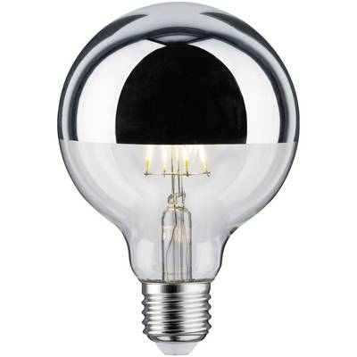 Lampadina a incandescenza trasparente con parte superiore a specchio, accesa e con i filamenti visibili.