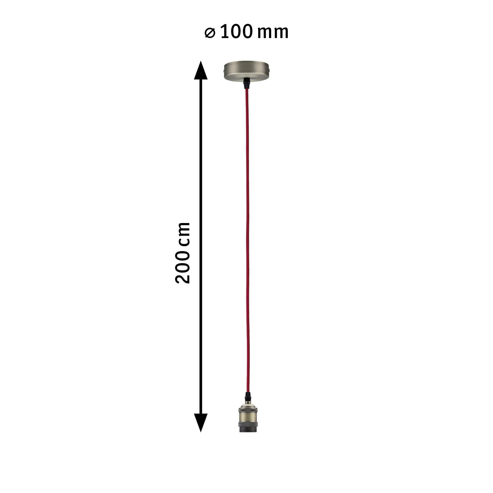 Lampada a sospensione rossa con base nera e cavo di 200 cm; elemento da soffitto con diametro di 100 mm.