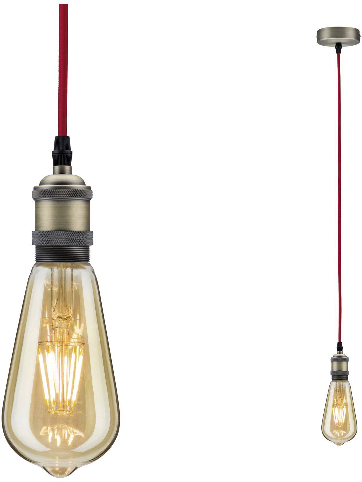 Una lampadina a sospensione Edison con cavo rosso e base dorata, luminosa e decorativa. Ideale per illuminazione d'ambiente elegante.