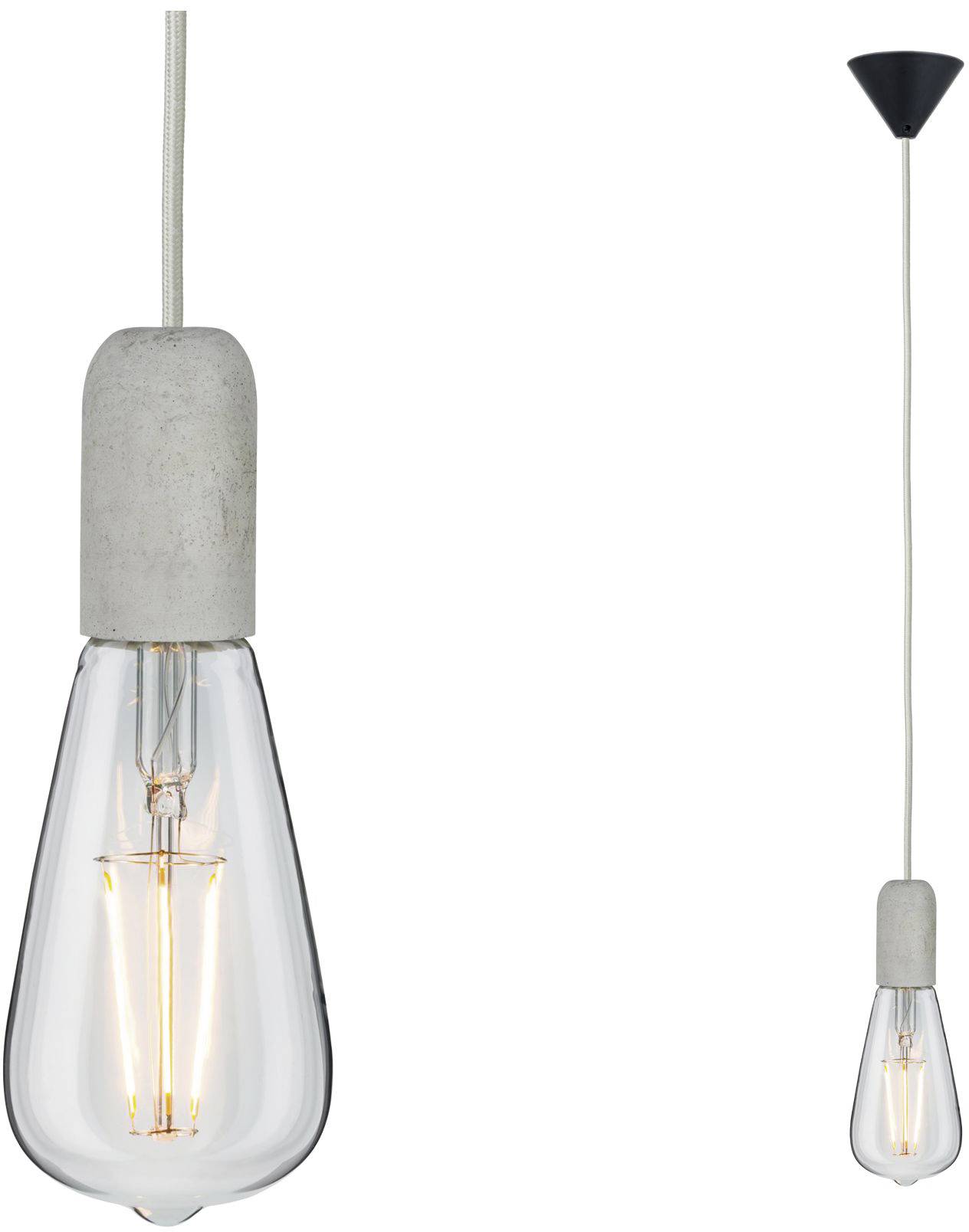 Lampada a sospensione con supporto in cemento e design di lampadina trasparente, illuminata. Design moderno e minimalista per interni.