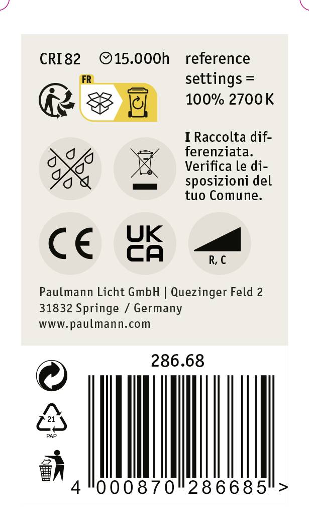 Etichetta di una lampadina con informazioni tecniche: CRI 82, durata 15.000 ore, temperatura colore 2700K, marchi CE e UKCA.