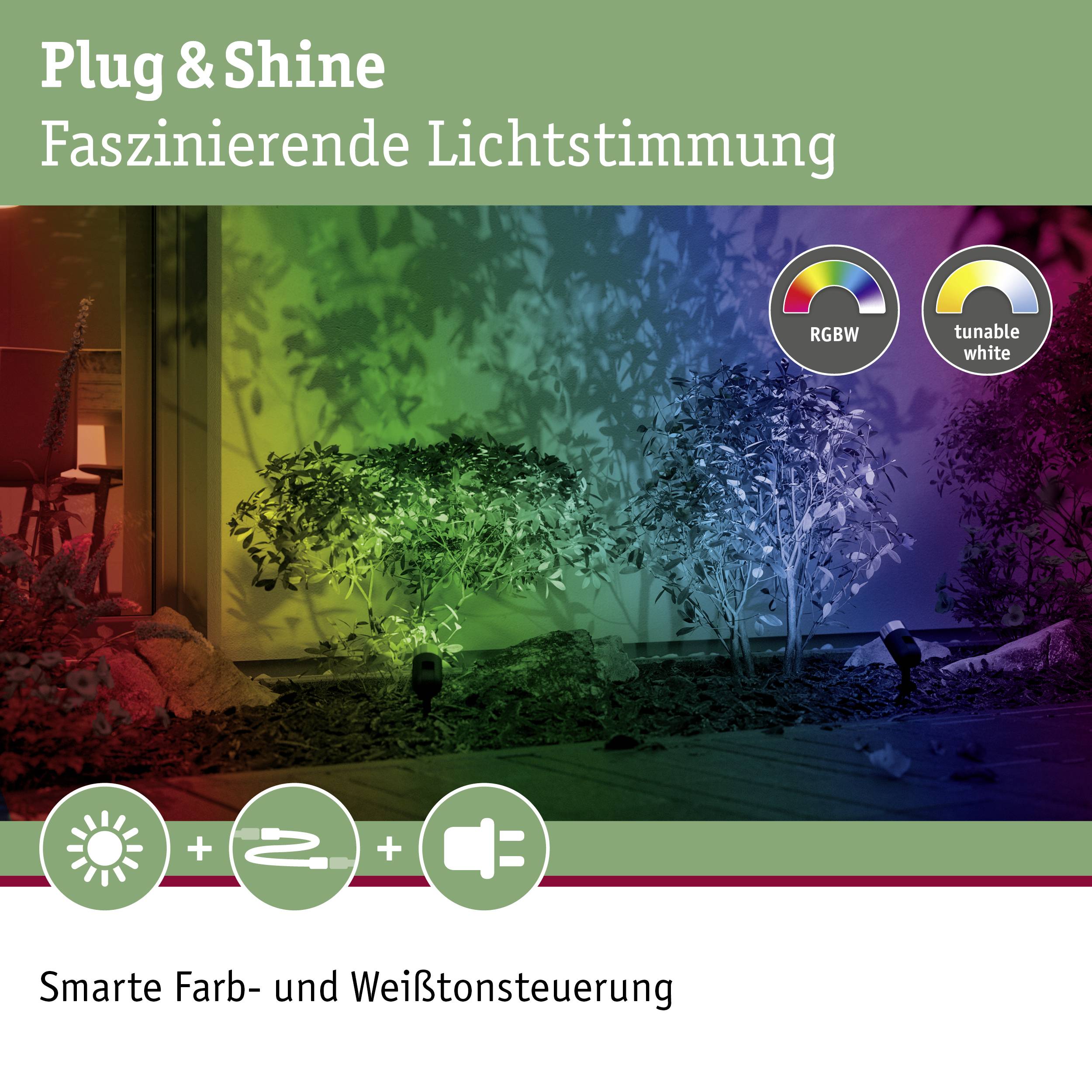 Sistema Plug & Shine in giardino con accenti luminosi colorati sulle piante. Testo: 'Atmosfera luminosa affascinante', simboli per RGBW e tunable white.