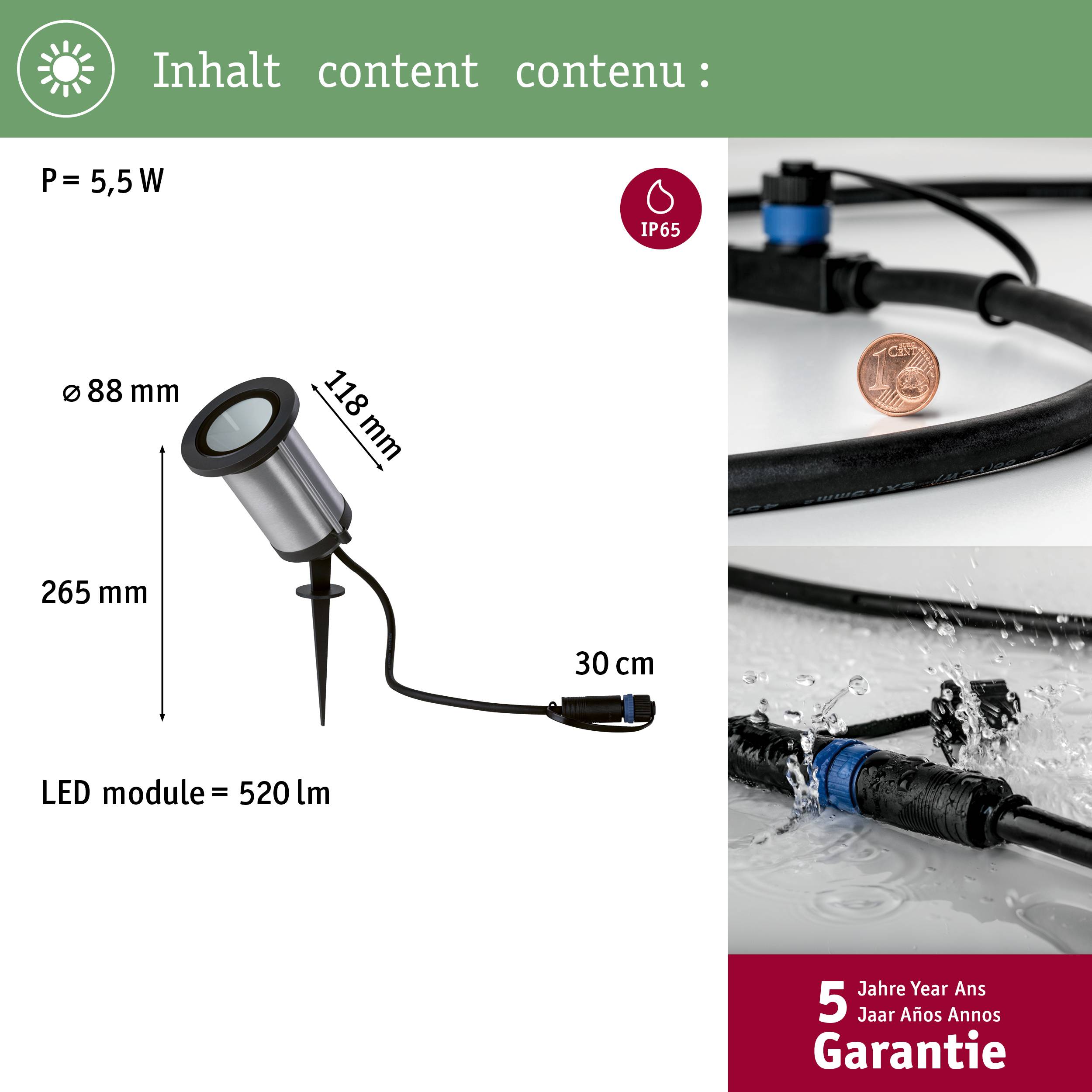 Proiettore da giardino a LED da 5,5W. Dimensioni: altezza 265mm, diametro 88mm, lumen: 520lm. Grado di protezione IP65. 5 anni di garanzia.