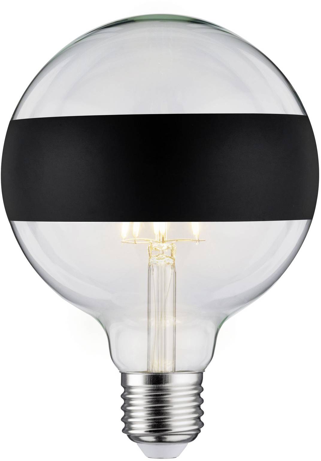 Una lampadina con una larga striscia nera al centro, accesa e luminosa, su sfondo bianco.
