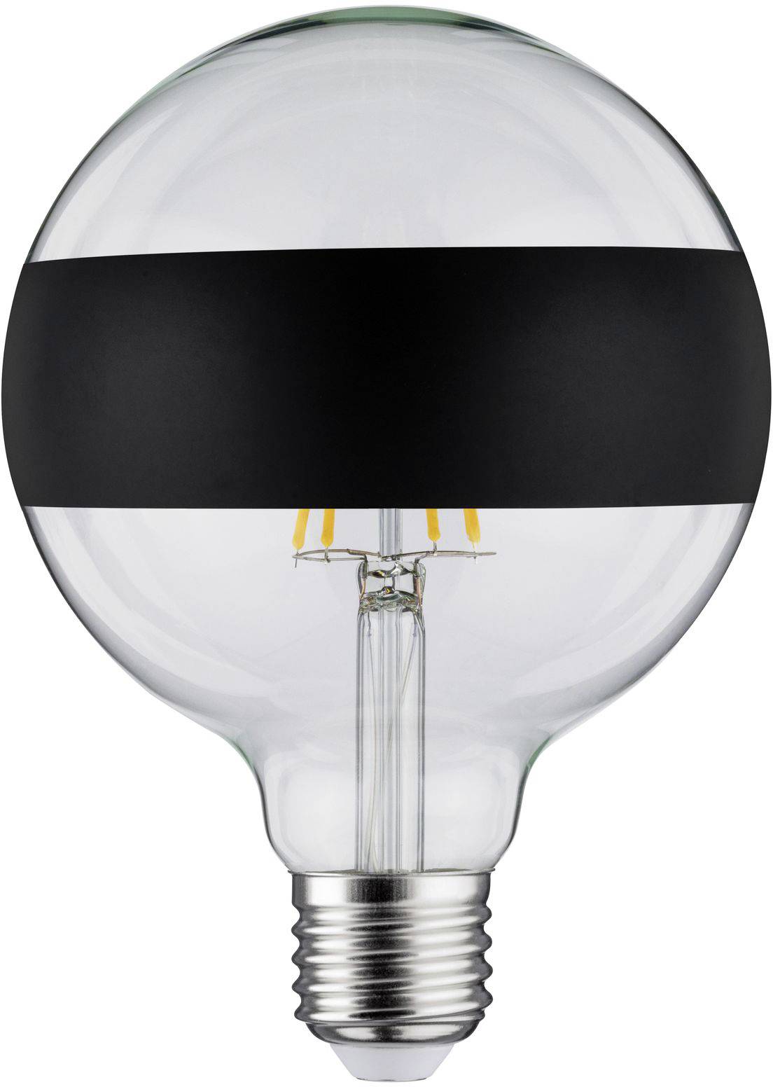 Lampadina con una fascia nera intorno al centro, che mostra un design minimalista e una struttura chiara.