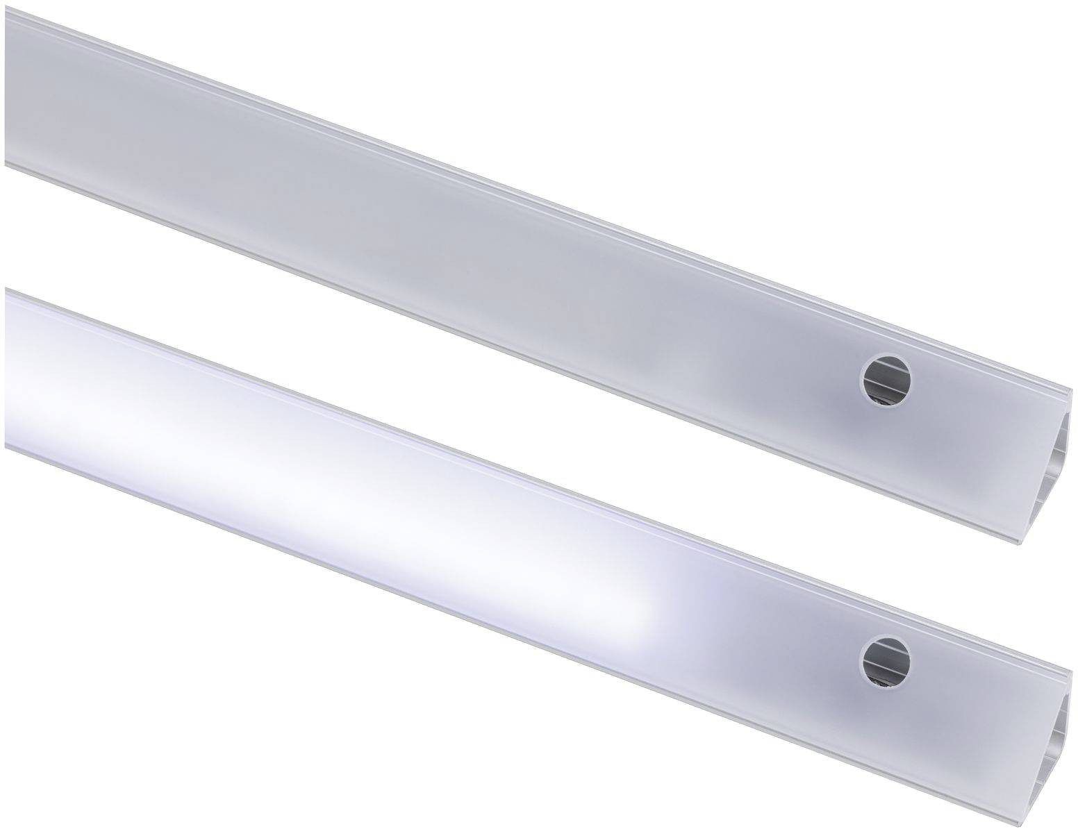 Due strisce LED rettangolari con fori di fissaggio laterali, una spenta, l'altra illuminata di bianco.