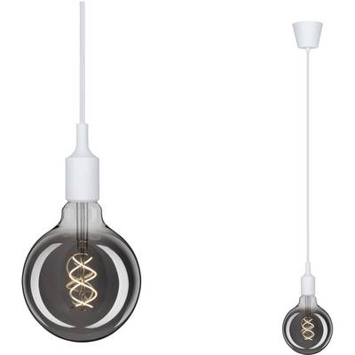 Una lampadina sospesa, rotonda, con vetro fumé e filamento visibile, montata su un portalampada bianco e collegata da un cavo.