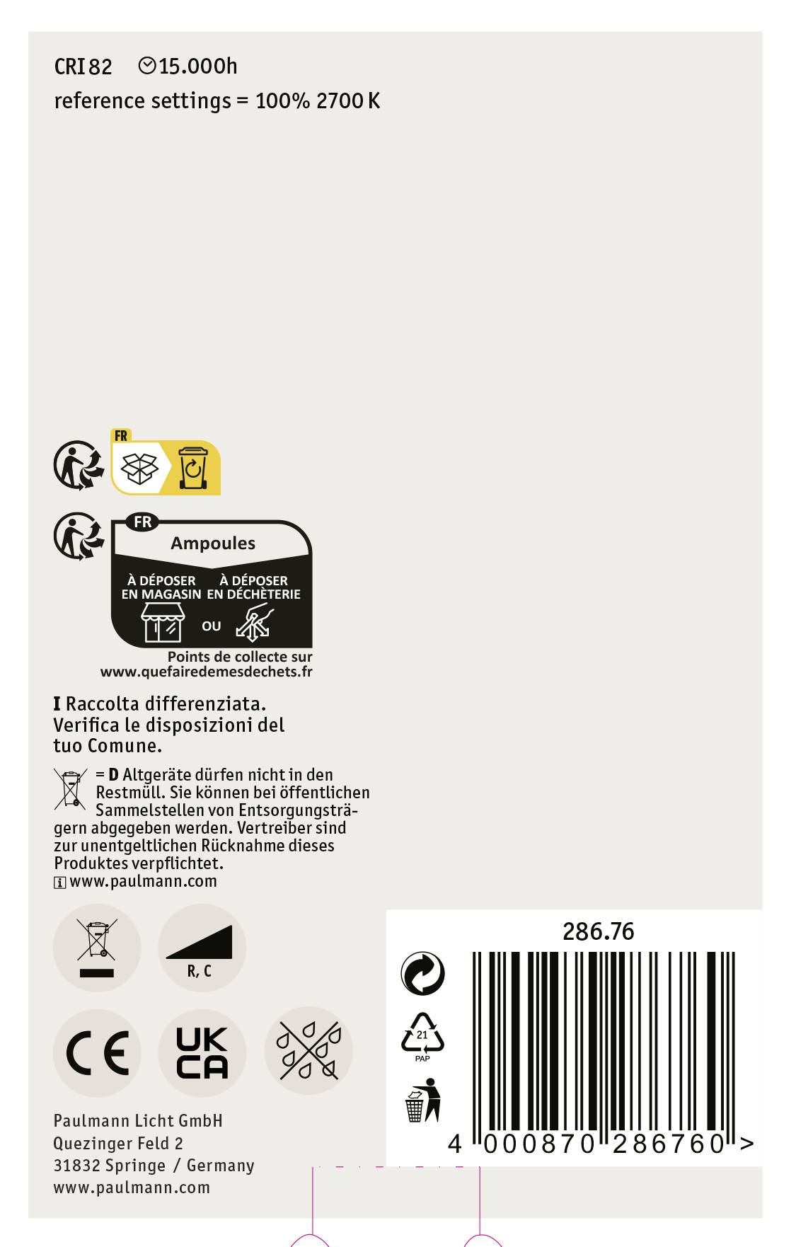 Etichetta di una lampadina con informazioni tecniche: CRI 82, durata 15.000 ore, temperatura colore 2700 K. Produttore Paulmann Licht GmbH, Germania.