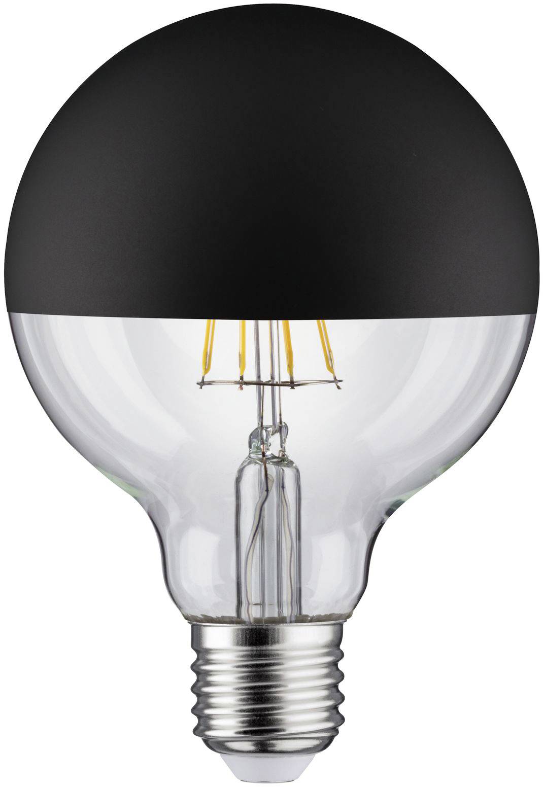 Una lampadina con parte superiore nera, trasparente in basso, che mostra il filamento interno. Progettata per risparmiare energia ed essere moderna.