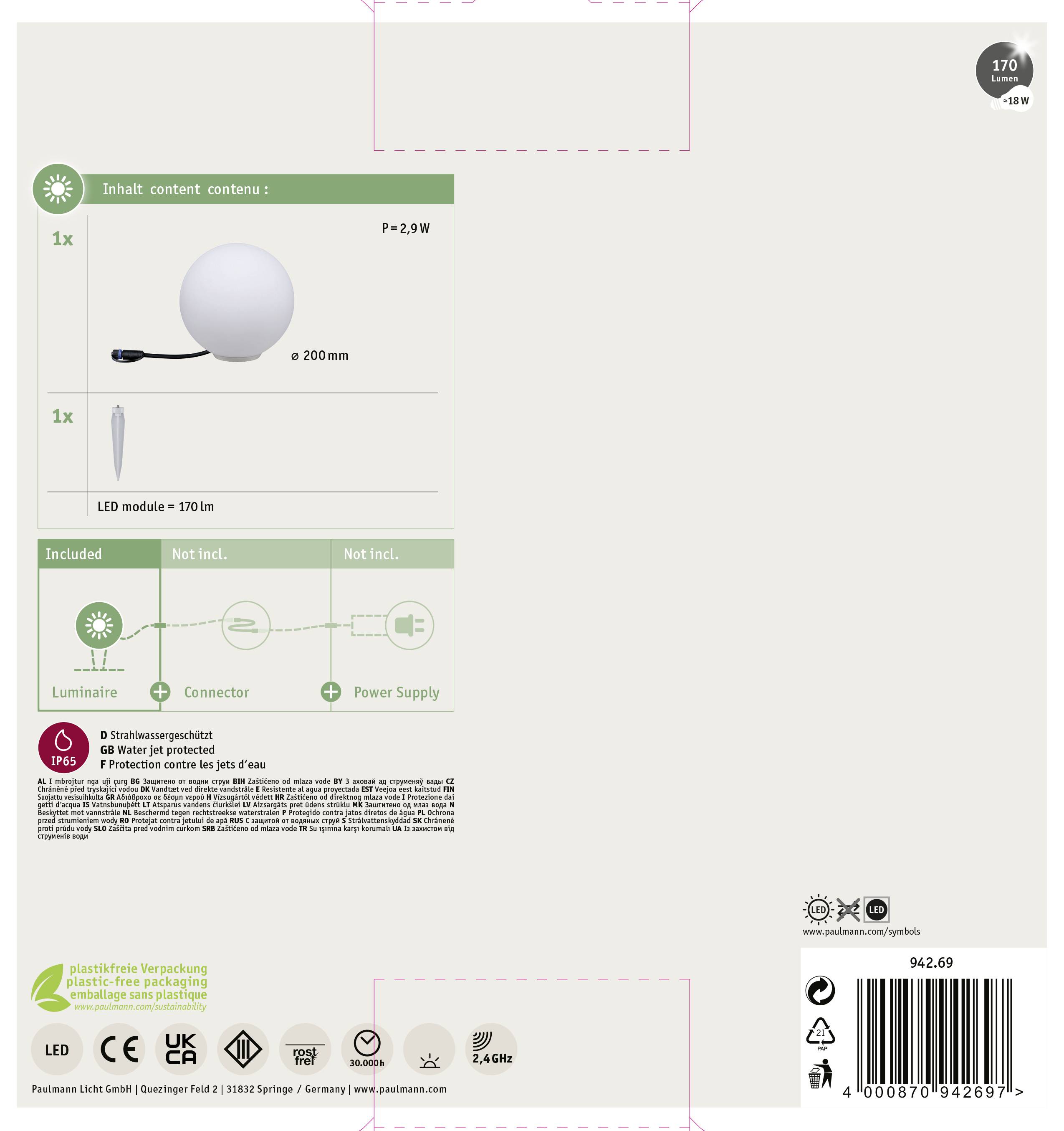 'Kugelleuchte': Immagine di una lampada sferica con diametro di 200 mm. Include accessori di connessione e un modulo di illuminazione a LED. Potenza 2,9 W.