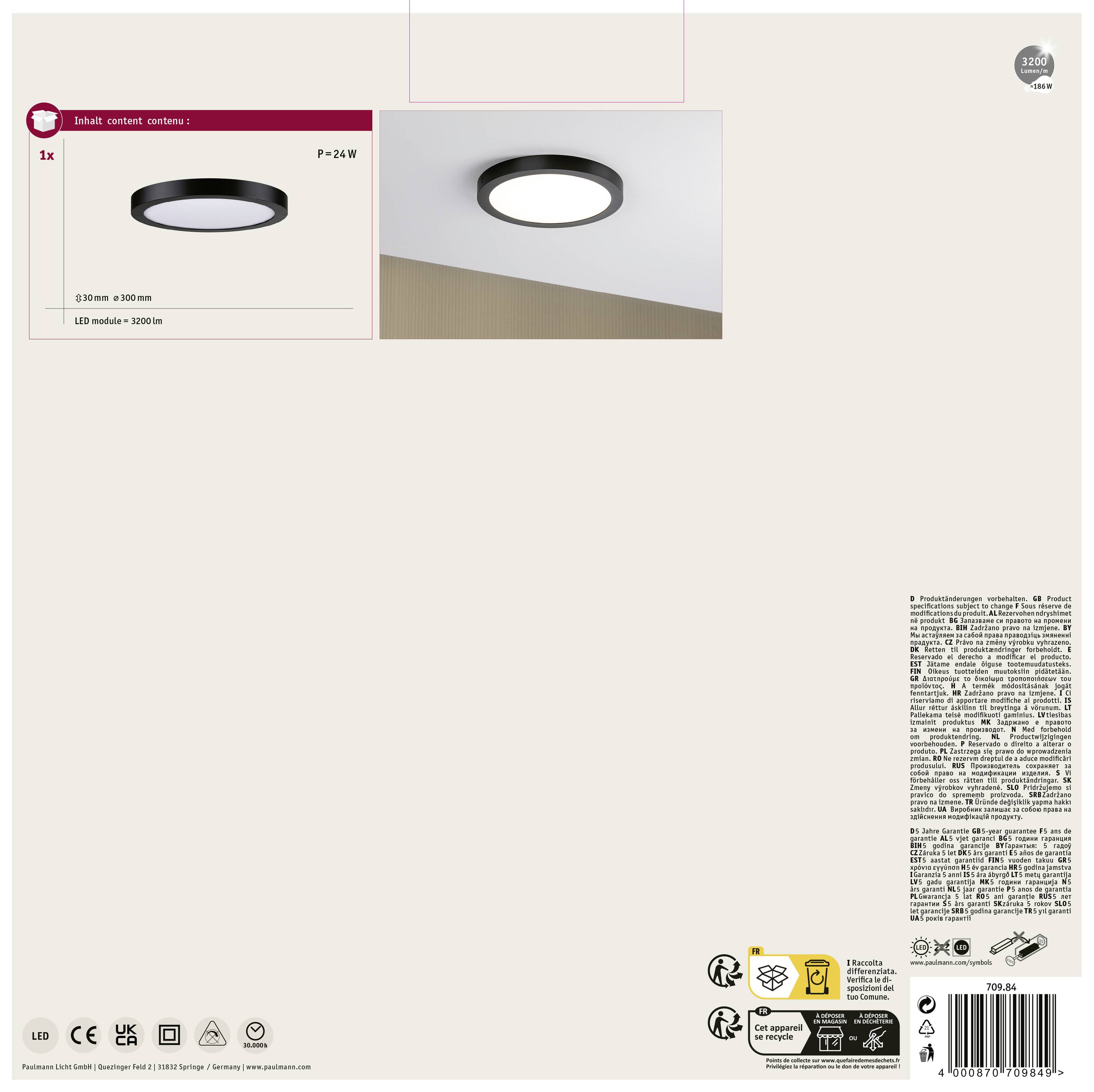 Plafoniera in forma semplice e rotonda con cornice nera e diffusore bianco. Dimensioni: 28x4 cm. Potenza: 18 W, luminosità: 2000 lm.