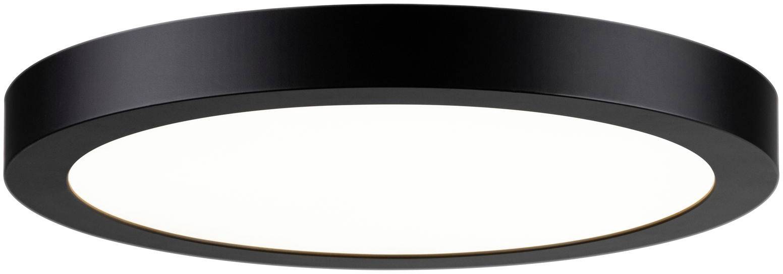 Una lampada da soffitto rotonda, nera, con un pannello luminoso bianco al centro. Ideale per interni moderni.