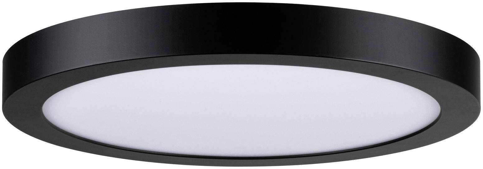 Un lampadario rotondo nero con un diffusore piatto bianco, adatto a interni moderni.