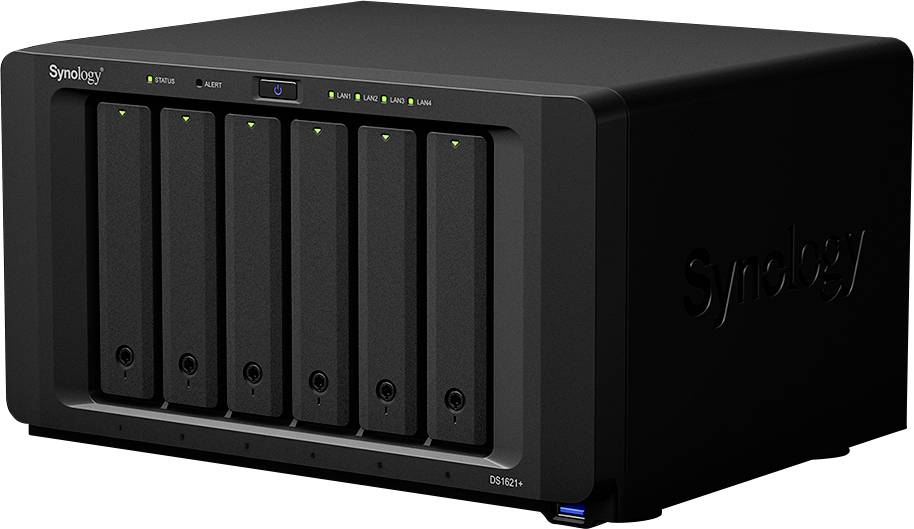 Un dispositivo di archiviazione NAS con sei vani per hard disk. Dispone di indicatori LED di stato e offre soluzioni di archiviazione di rete.