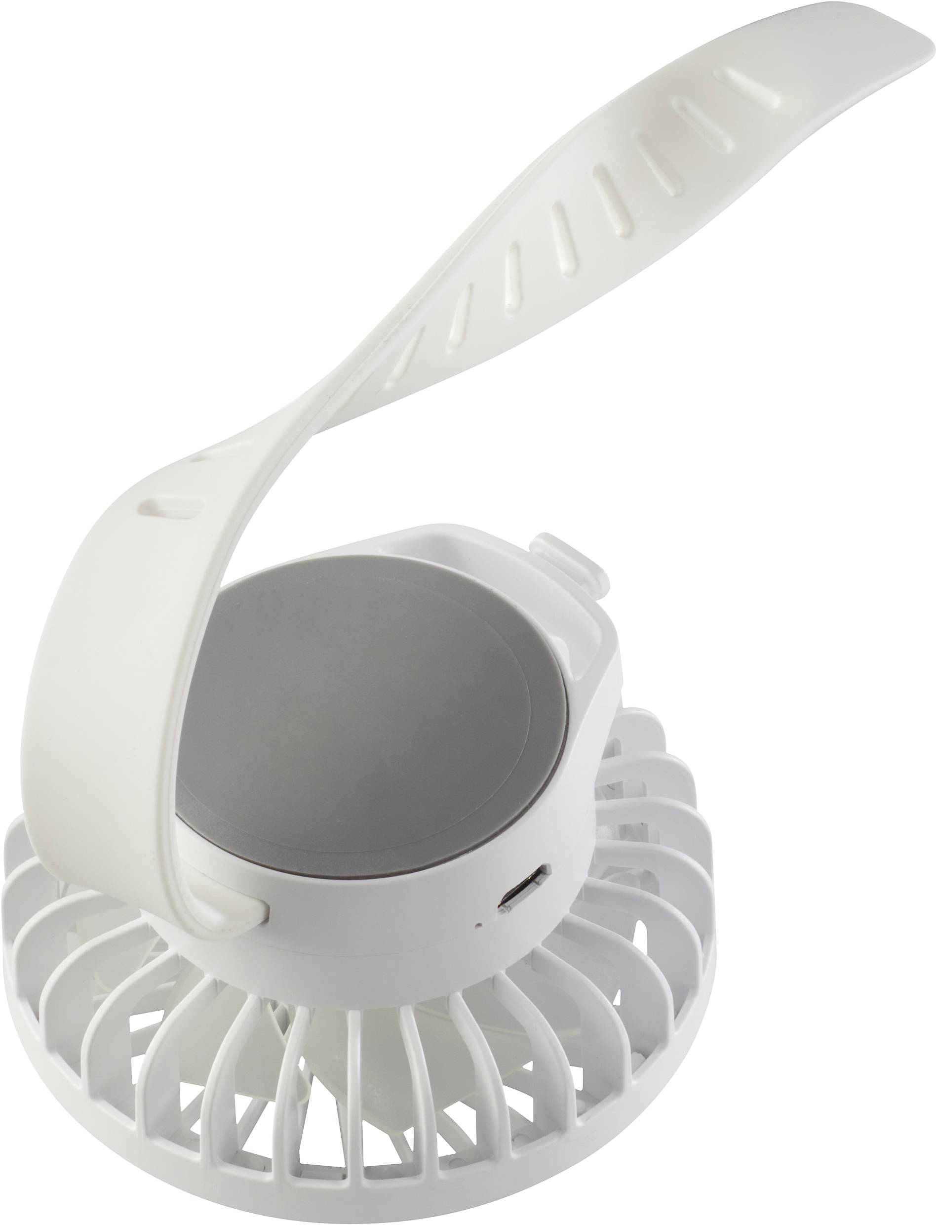 Un ventilatore portatile bianco con impugnatura flessibile che può essere piegata in diverse posizioni. Dotato di porta USB sul lato.