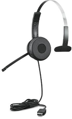 Cuffie USB nere, monoauricolari, con braccio del microfono e cavo.