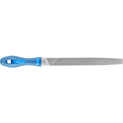 Una lima metallica con impugnatura blu in plastica, adatta per levigare e modellare superfici metalliche.