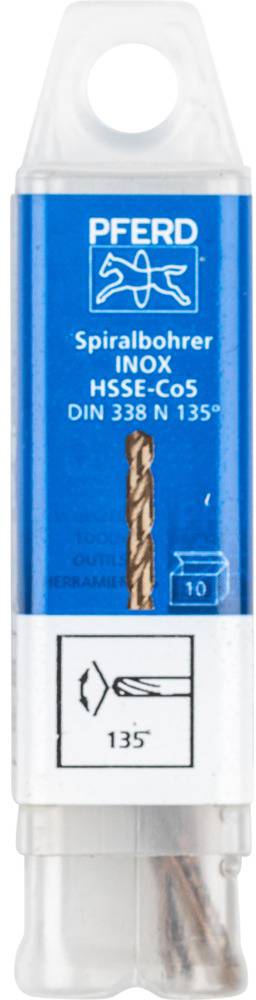 Punta elicoidale confezionata del marchio 'PFERD', idonea per INOX, materiale HSS-E Co 5, DIN 338 N 135°, con rivestimento blu.
